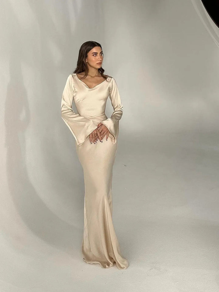 Women's Long Sleeve Cowl Neck Maxi Dress - Ivory, Black, Wine Red