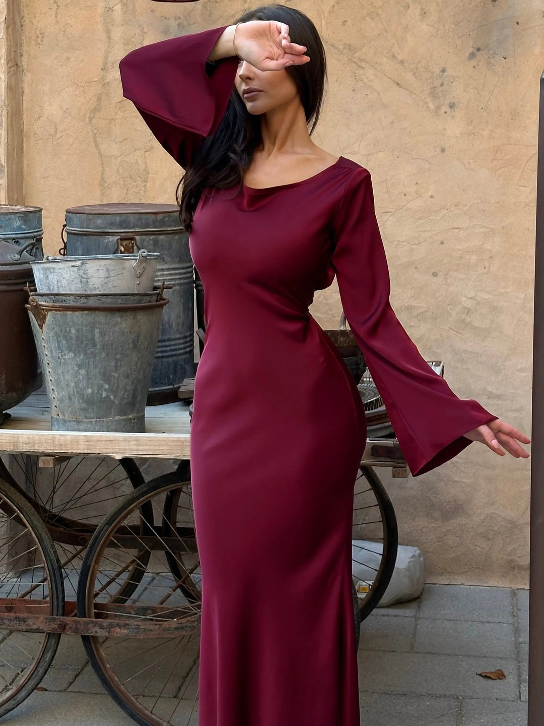 Women's Long Sleeve Cowl Neck Maxi Dress - Ivory, Black, Wine Red
