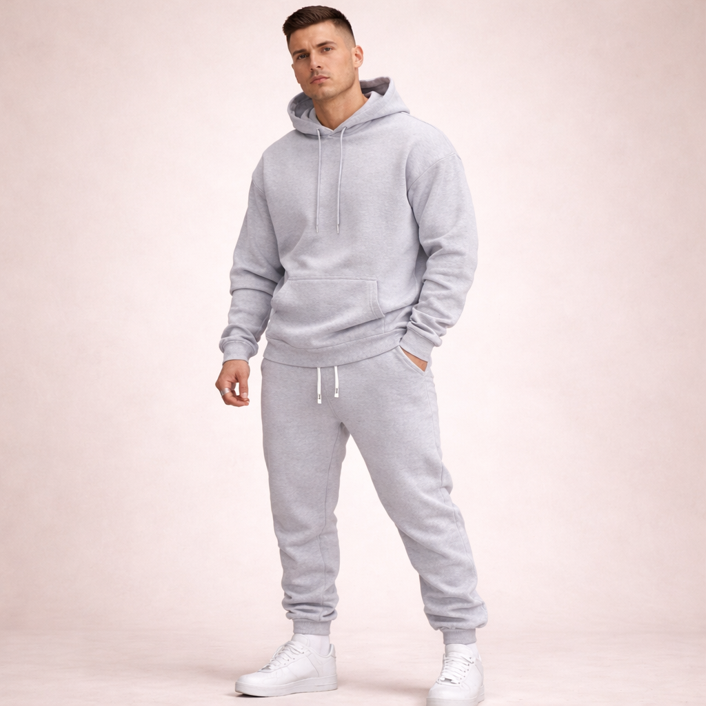 Soft, breathable solid white tracksuit for unisex everyday comfort. Stylish casual wear or athletic outfit.