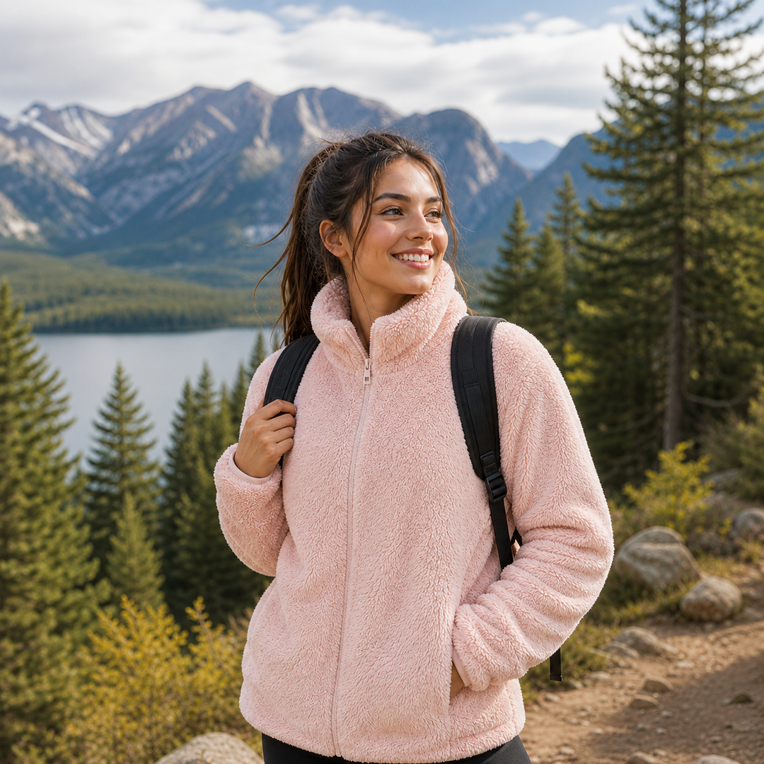 Women's warm cozy winter jacket with high collar and soft fabric, perfect for casual fashion outerwear.