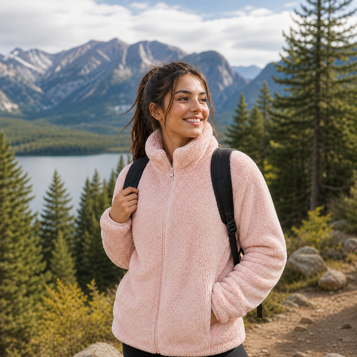 Women's warm cozy winter jacket with high collar and soft fabric, perfect for casual fashion outerwear.