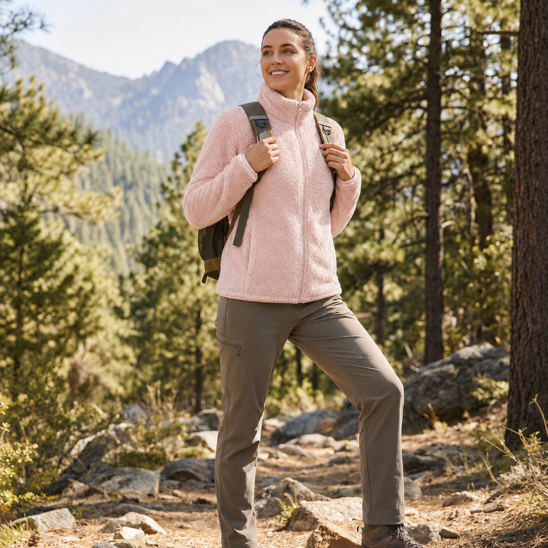 Zip-up women's warm winter jacket, high collar for extra coziness, great for cold weather layering.