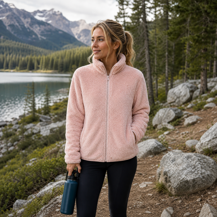 Soft women's cozy winter jacket, zip-up style with a high collar for warmth and easy layering.