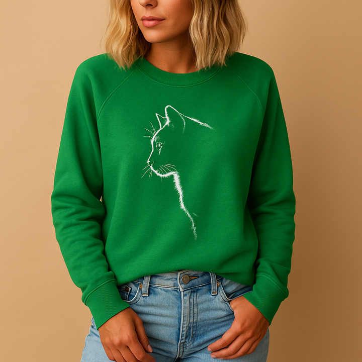 Playful cat print sweater for women. Cozy long-sleeve top offering chic comfort & versatile fall fashion style.