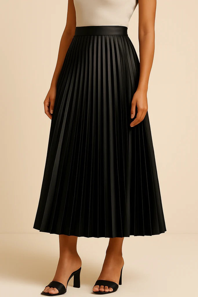 Women's elegant high-waist A-line pleated midi skirt, perfect for chic office wear or versatile evening outfits.