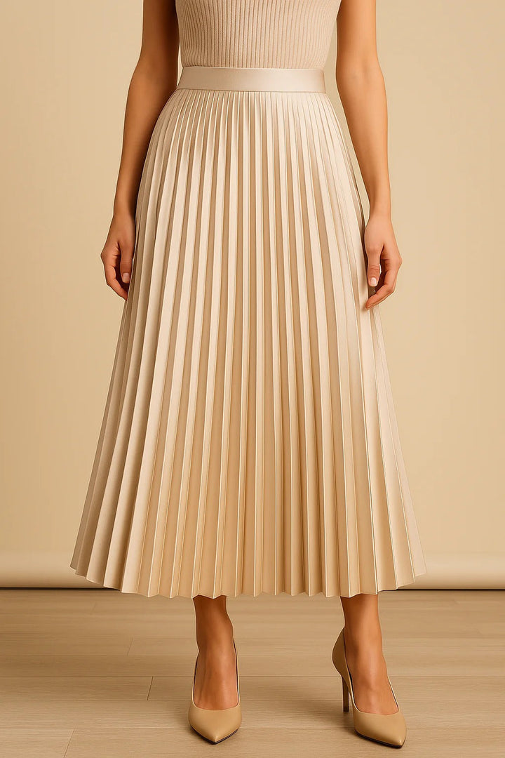 Elegant women's high-waist pleated A-line midi skirt, offering a sophisticated and comfortable fashion statement.