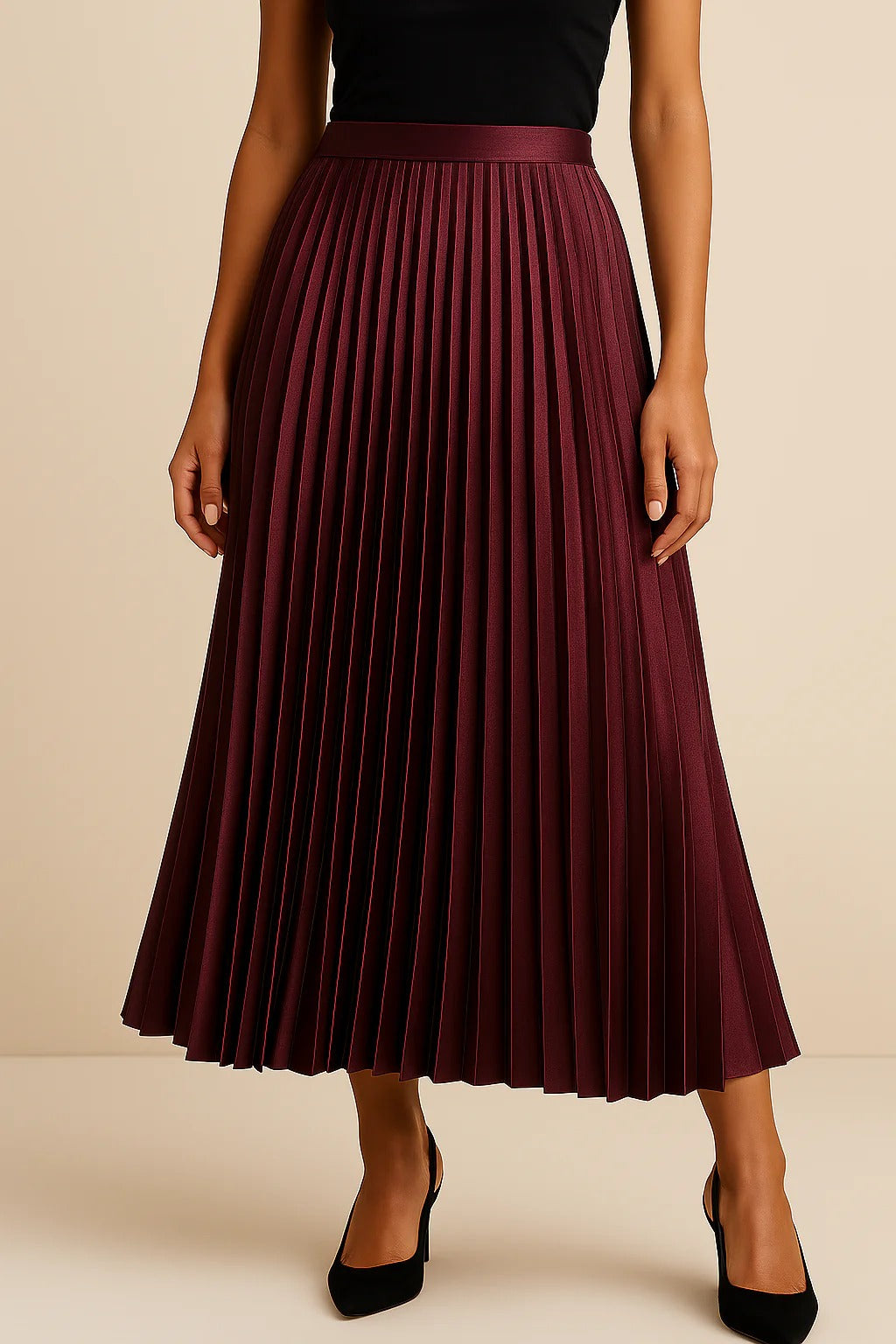 Front view of a women's elegant pleated midi skirt, featuring a high-waist A-line silhouette for versatile style.