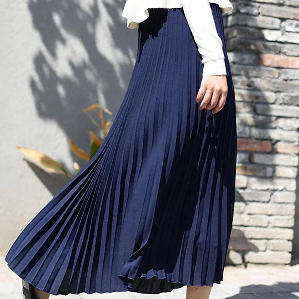 Stylish women's high-waist pleated midi skirt, an A-line design offering comfortable and elegant fashion for any occasion.