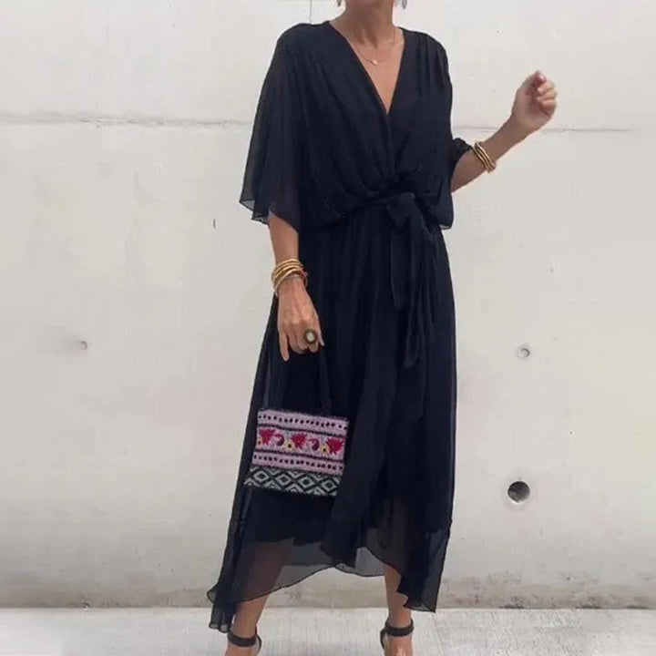 Formal elegant V-neck midi dress for women, ideal for wedding guests, parties, or special events. Sophisticated style.