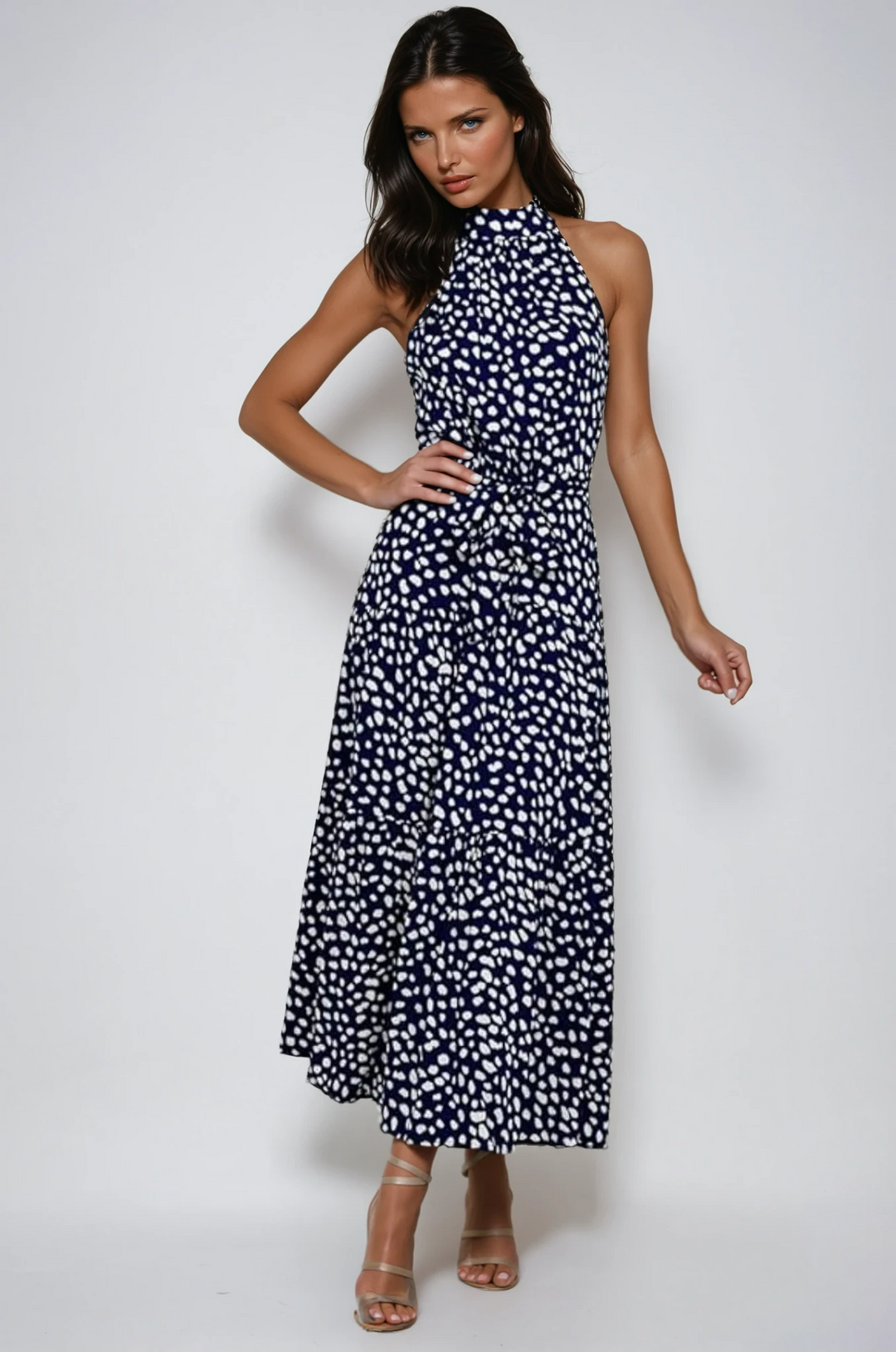 Women's polka dot halter midi summer dress, perfect for casual elegant warm-weather days.