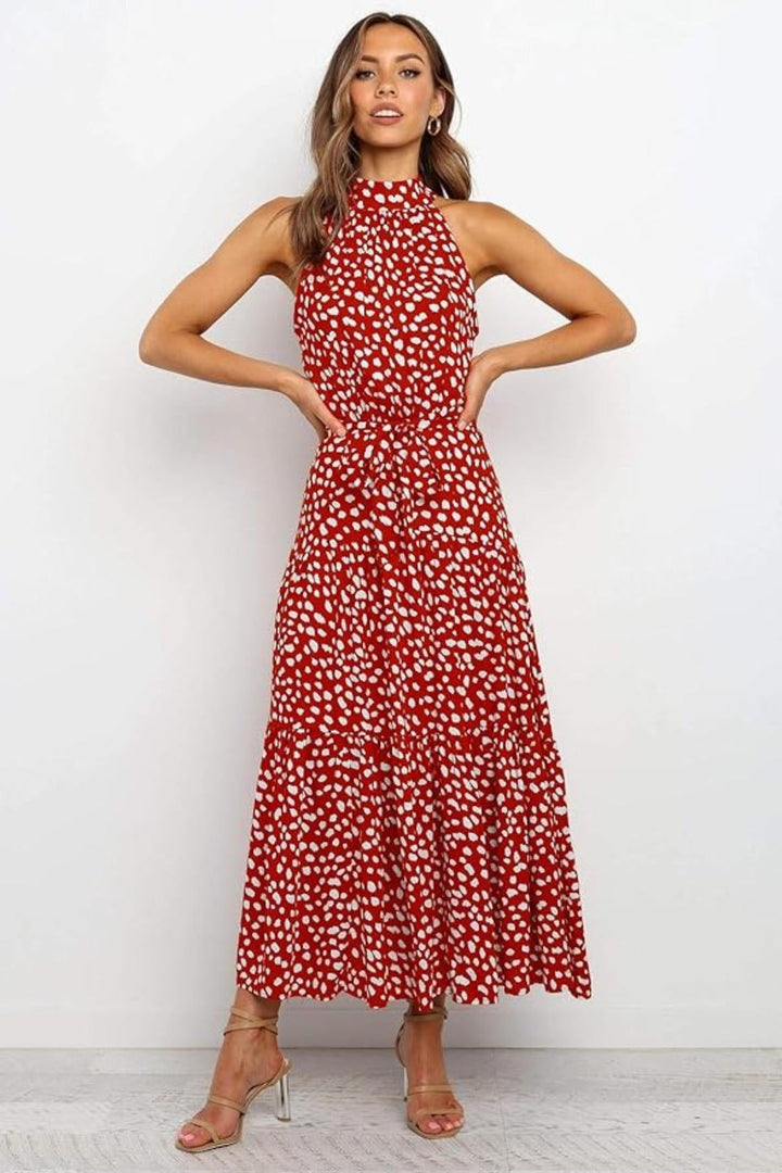 Fashionable & comfortable women's polka dot halter midi summer dress with a flowy fit.