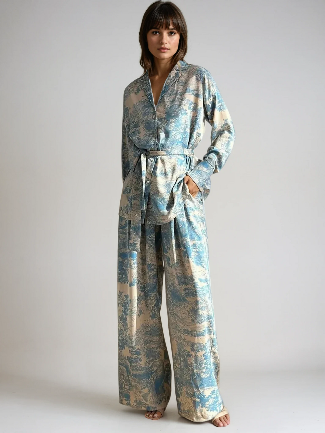 Women's floral relaxed fit co-ord set with wide leg trousers & button-up shirt for casual elegance.