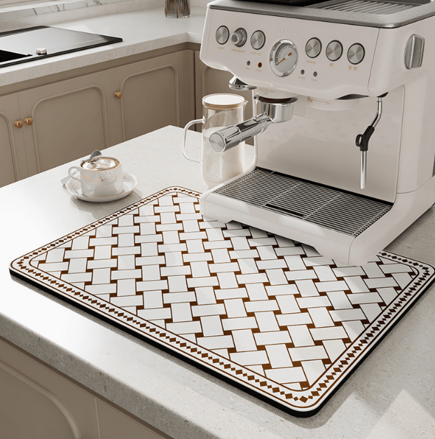 Stylish quick-dry dish mat; super absorbent diatomite kitchen accessory for clean & dry counters.