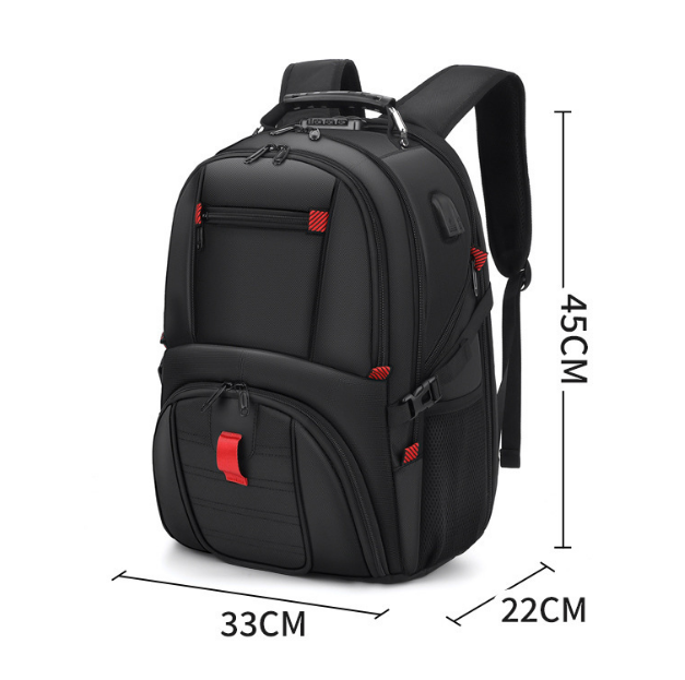 Unisex 17.3" laptop backpack, anti-theft, waterproof, featuring an external USB charging port for devices.