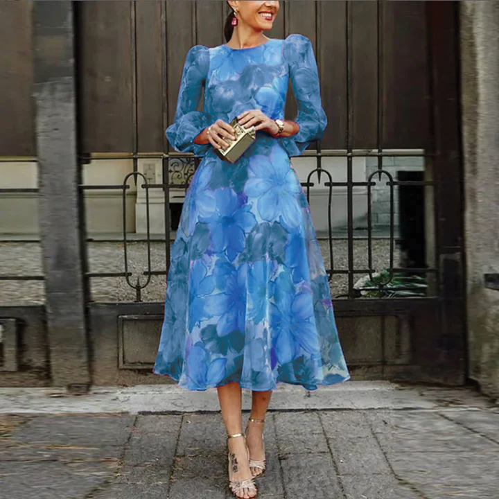 Women's Floral Midi Dress with Sheer Long Sleeves