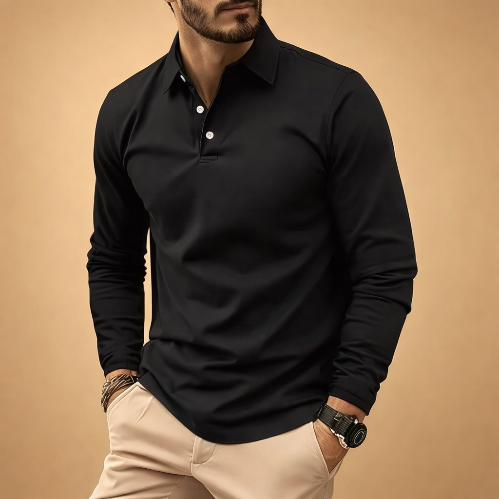 Versatile men's long sleeve polo shirt in a classic fit. Ideal for smart casual or everyday wear with modern style.
