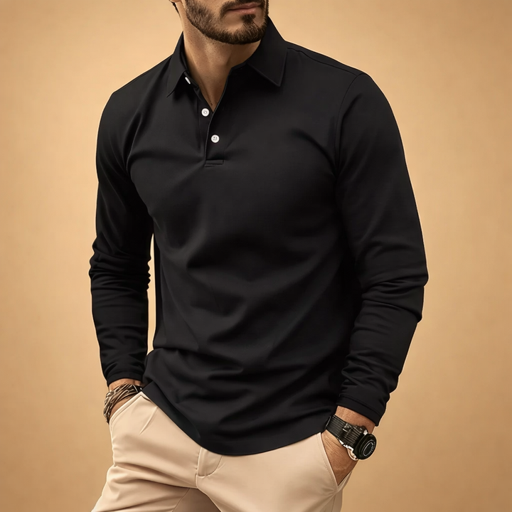 Versatile men's long sleeve polo shirt in a classic fit. Ideal for smart casual or everyday wear with modern style.