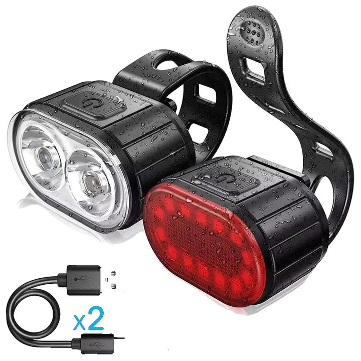 Unisex ultra bright USB rechargeable cycling safety light set with waterproof headlight & tail light for night riding.