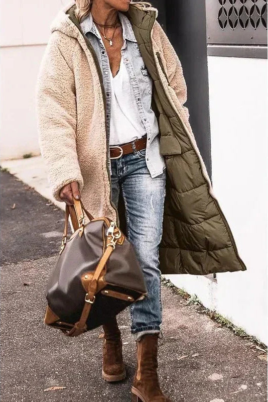 Chic women's reversible coat, perfect for warm layering and versatile seasonal fashion.