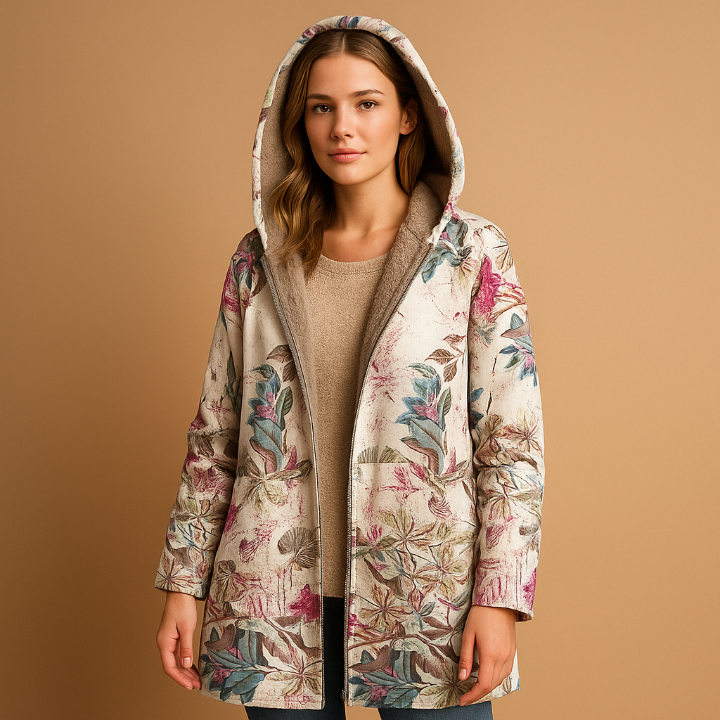 Women's reversible hooded winter jacket, insulated for cold weather and versatile everyday style.
