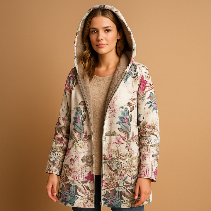 Women's reversible hooded winter jacket, insulated for cold weather and versatile everyday style.
