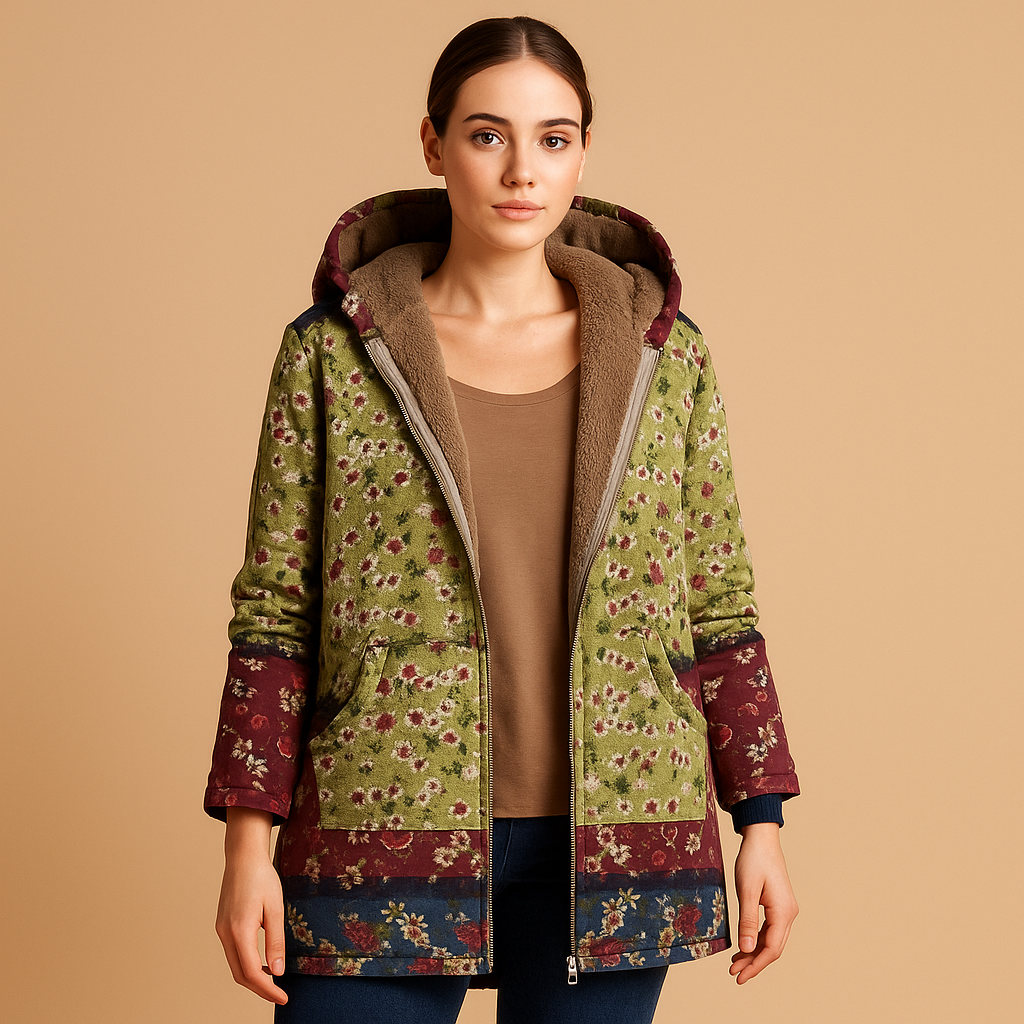 Versatile women's hooded winter jacket, reversible design for two styles. Stay warm in cold weather.