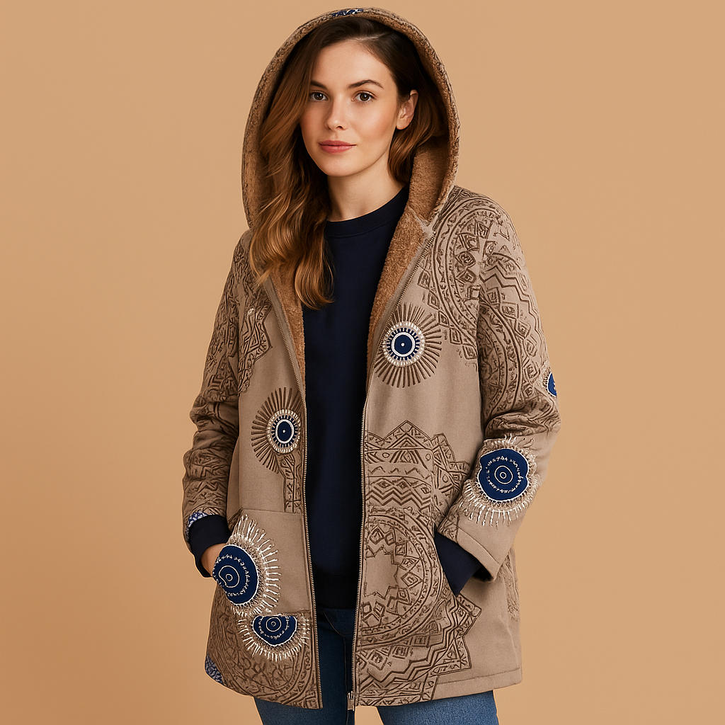 Warm women's reversible hooded winter coat, insulated & suitable for fall, travel, and everyday wear.