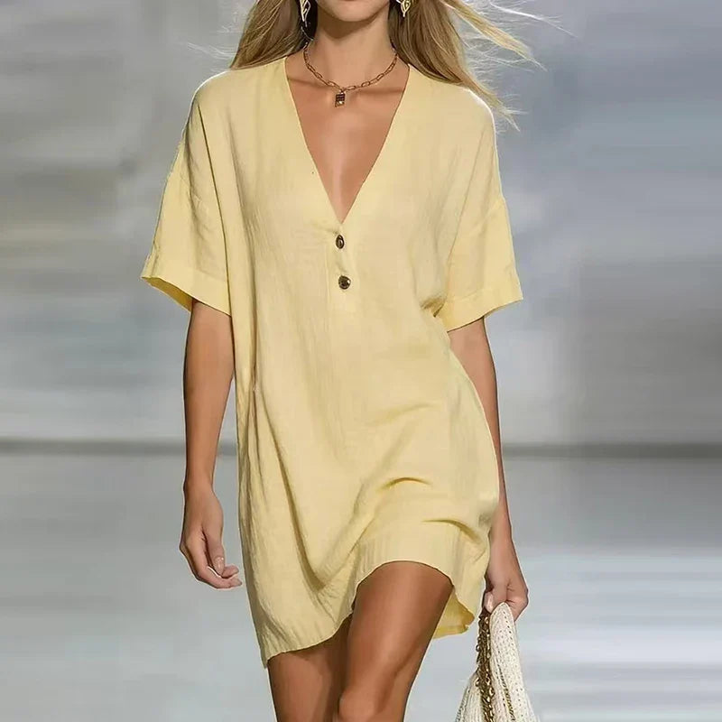 Women's breezy V-neck short sleeve mini dress. Comfortable style for spring & summer.