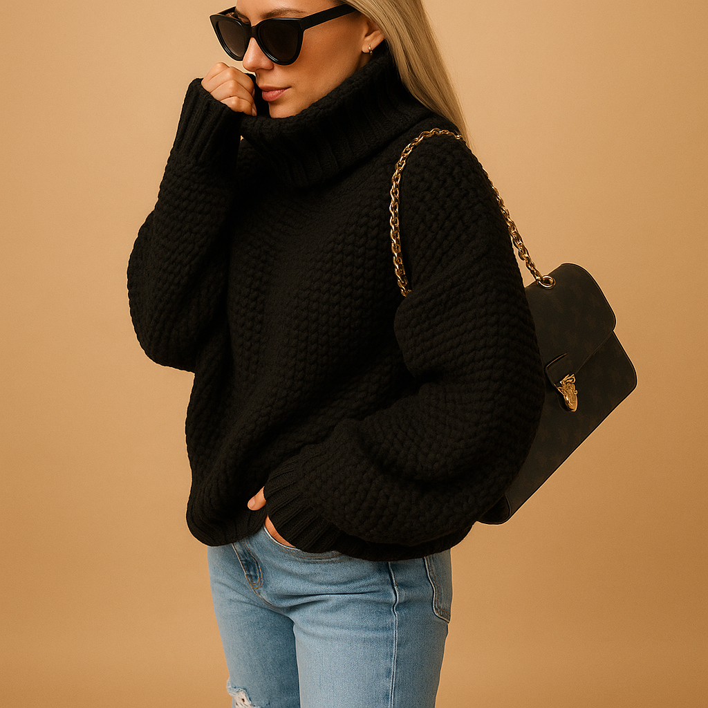 Chic women's knitted pullover sweater, a warm and stylish long-sleeve top for winter fashion & fall outfits.