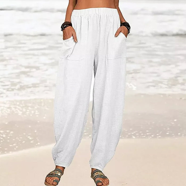 Women's relaxed fit beach pants, perfect for summer vacations. Comfortable wide leg trousers.