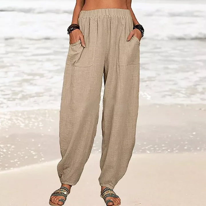 Casual women's summer trousers with a relaxed wide leg fit, ideal for effortless beach & resort wear.