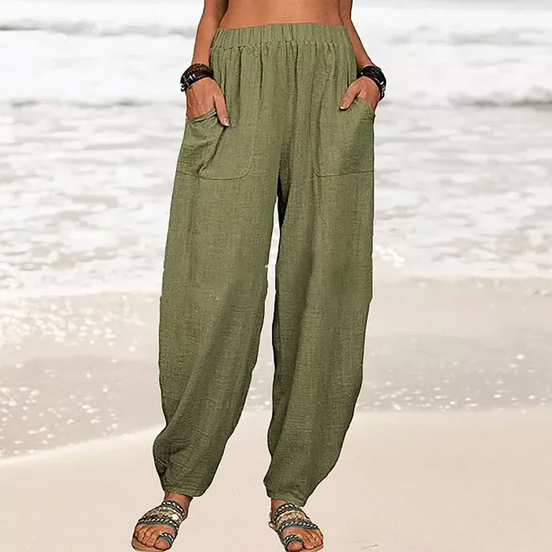 Summer-ready women's relaxed fit wide leg beach pants. Comfortable & chic for vacation & resort wear.