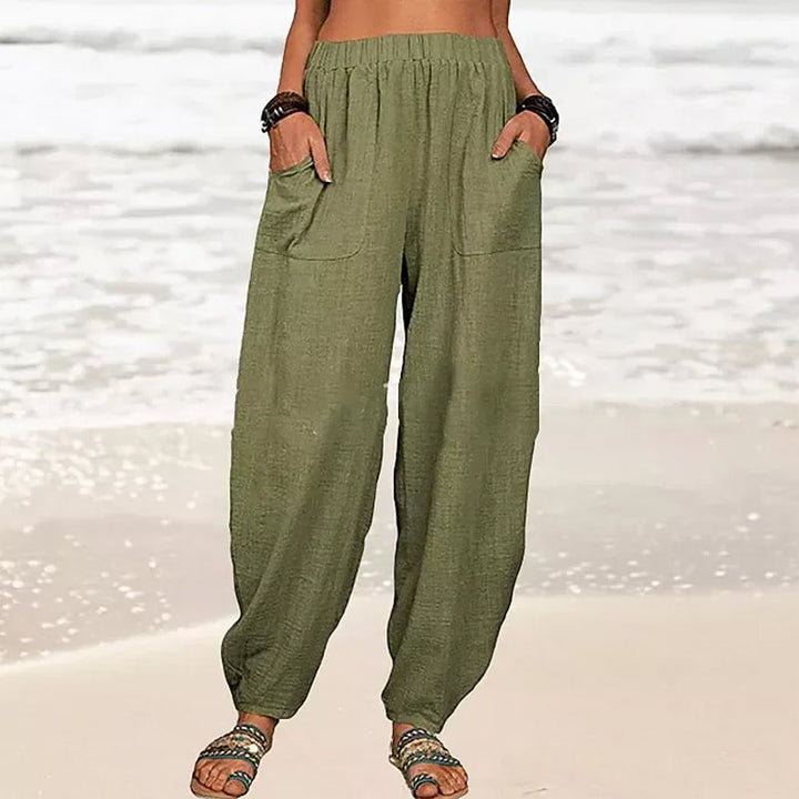 Summer-ready women's relaxed fit wide leg beach pants. Comfortable & chic for vacation & resort wear.