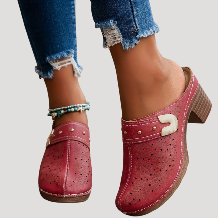 Versatile women's fashion mules: embossed, block heel clogs with buckle, perfect for casual chic everyday wear.