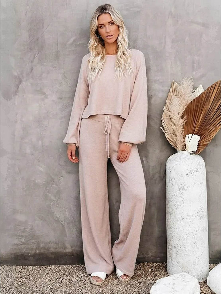 Women's Casual Knit Set: Cropped Jumper & Wide Leg Trousers