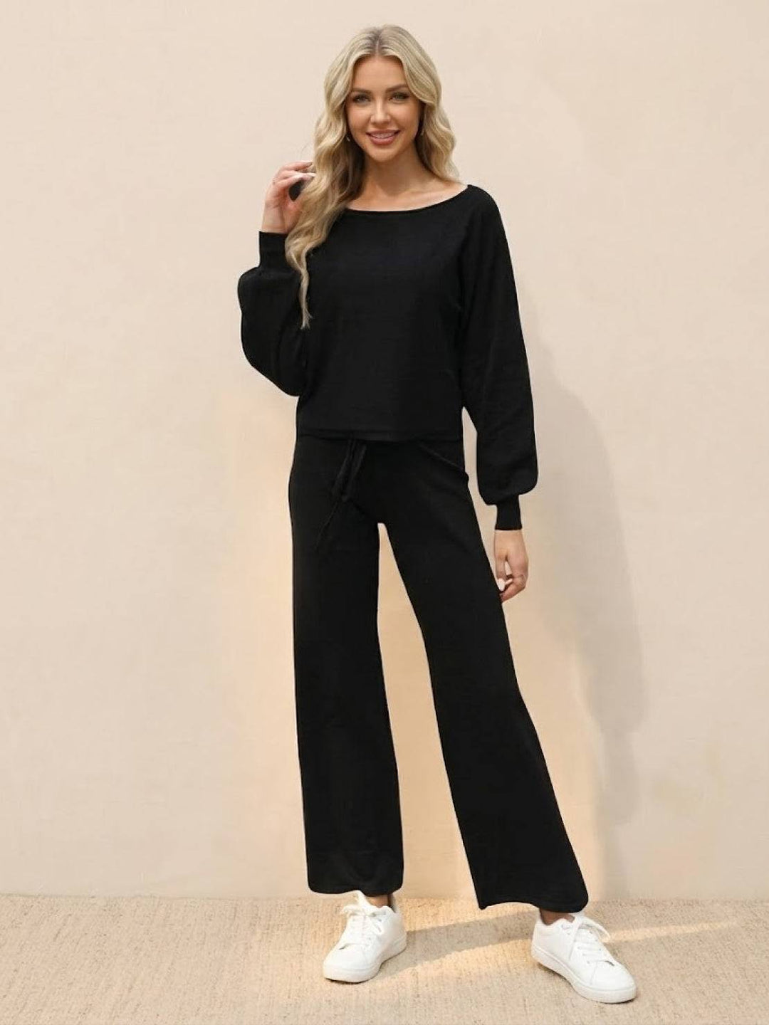 Women's Casual Knit Set: Cropped Jumper & Wide Leg Trousers