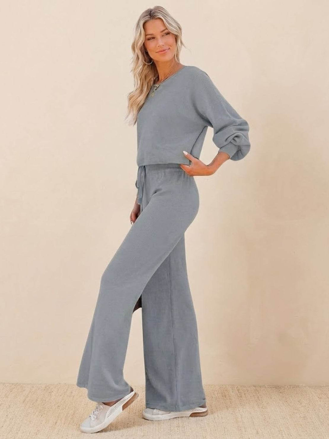 Women's Casual Knit Set: Cropped Jumper & Wide Leg Trousers