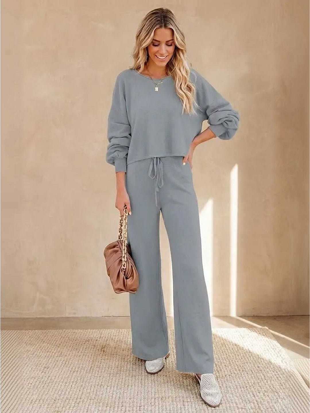 Women's Casual Knit Set: Cropped Jumper & Wide Leg Trousers