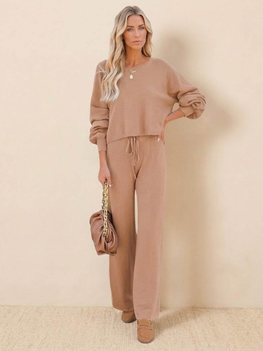 Women's Casual Knit Set: Cropped Jumper & Wide Leg Trousers
