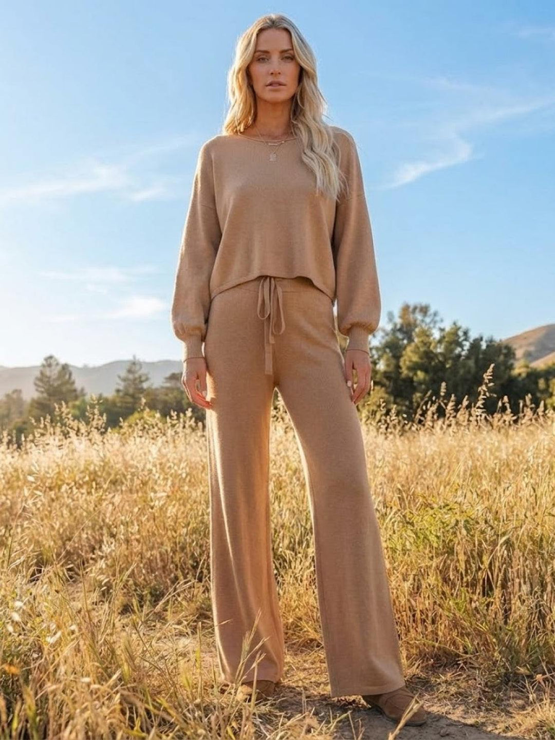 Women's Casual Knit Set: Cropped Jumper & Wide Leg Trousers