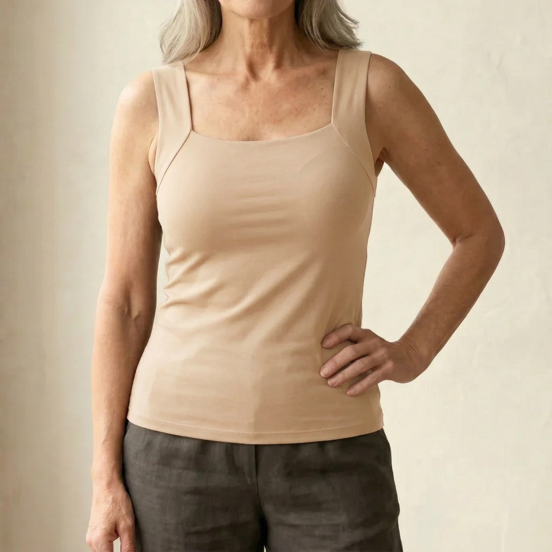 Seamless black women's tank, provides excellent built-in bra support for activities.