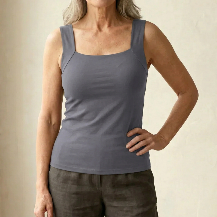 Casual grey women's layering tank, featuring a supportive built-in bra for daily comfort.