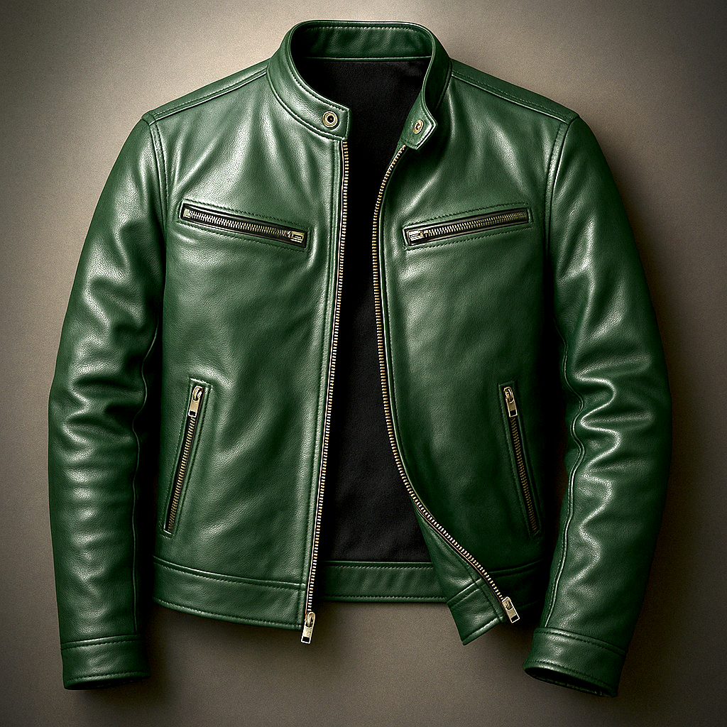 Classic men's fall/winter leather jacket, vintage rugged style, perfect cold weather outerwear.