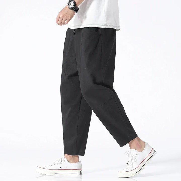 Comfortable men's loose fit indigo wide leg pants, ideal for versatile casual spring & summer style.