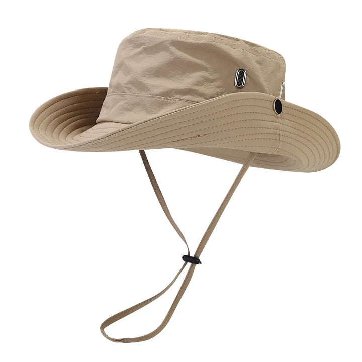 Breathable women's mesh sun hat, wide brim for UV protection during hiking, fishing & gardening.