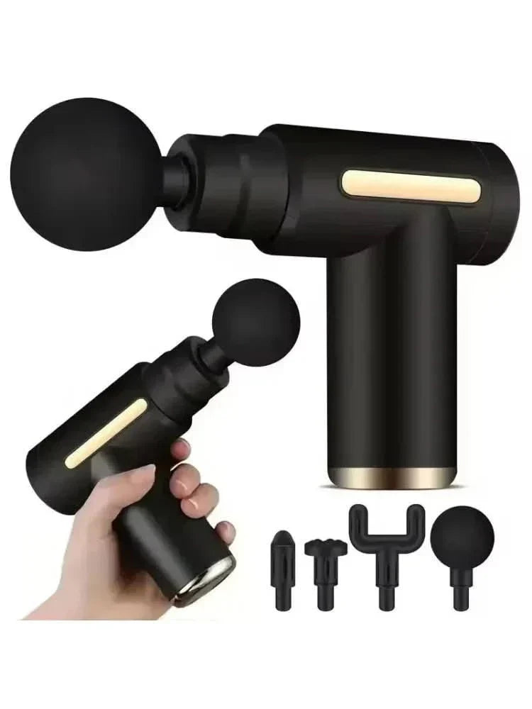 Athlete using a portable deep tissue percussion massage gun for back pain relief.