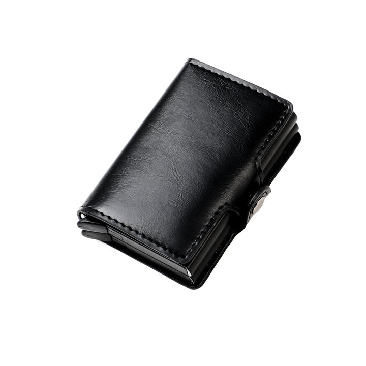 Gray aluminum men's RFID wallet, minimalist design with double pop-up credit card holders.