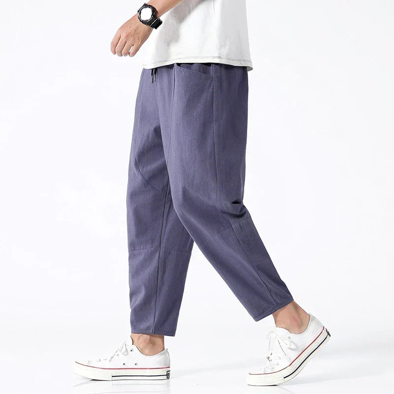 Men's relaxed fit indigo wide leg pants, perfect for casual summer fashion & comfortable streetwear.
