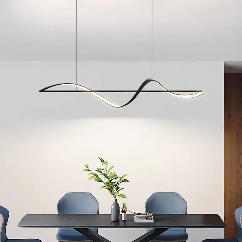 Contemporary wavy LED ceiling fixture, stylish illumination for kitchen & dining spaces.