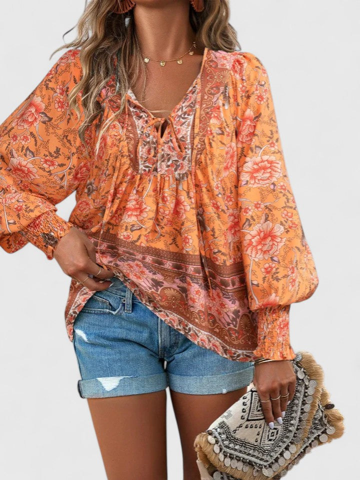 Women's Boho V-Neck Lace-Up Blouse